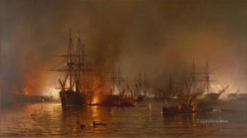 海戦 Painting - ニューオーリンズ海戦下の砦を通過するマウリッツ・デ・ハース・ファラガットの艦隊